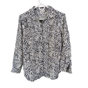Maygene Button Down‎ Shirt Womens Small Black White Abstract Print Rayon Blouse